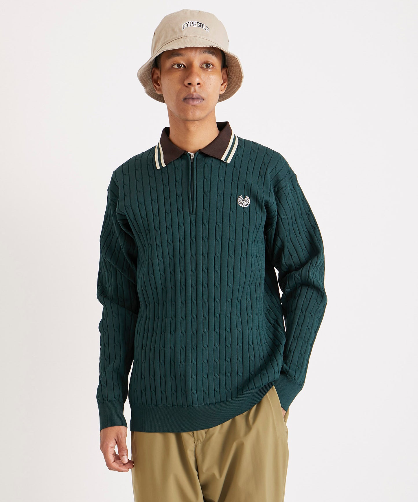 CABLE KNIT HALF ZIP SHIRTS GREEN