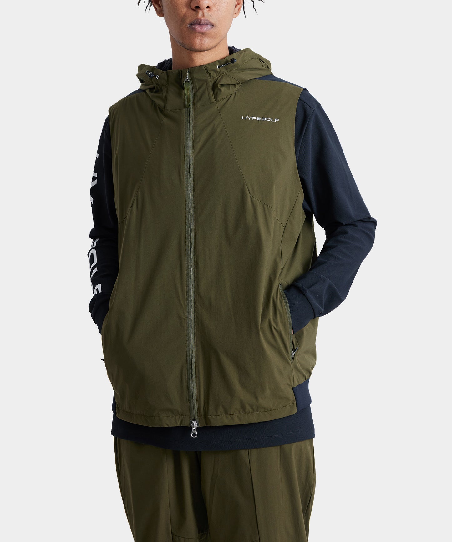 WOVEN HOODIE VEST OLIVE