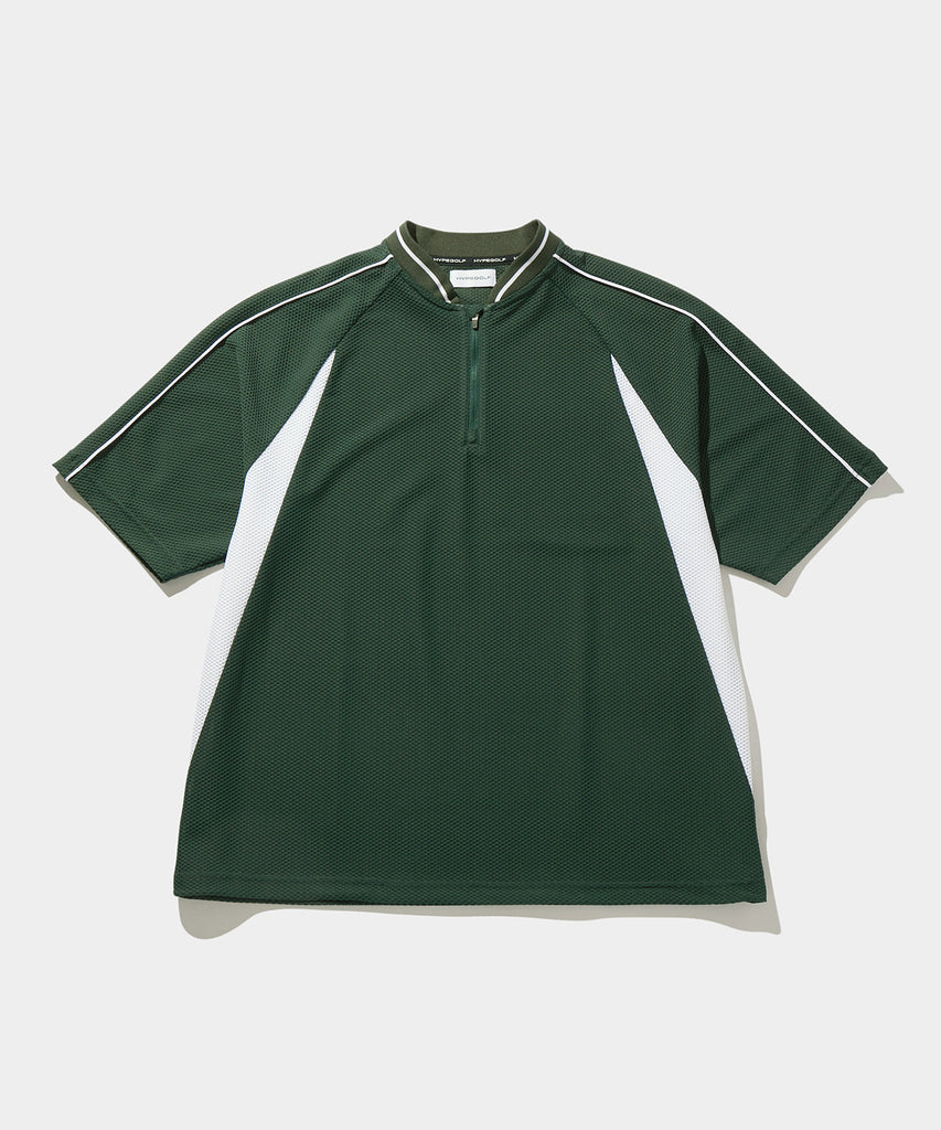 MESH TRICOT  HALF ZIP SHIRTS D.GREEN