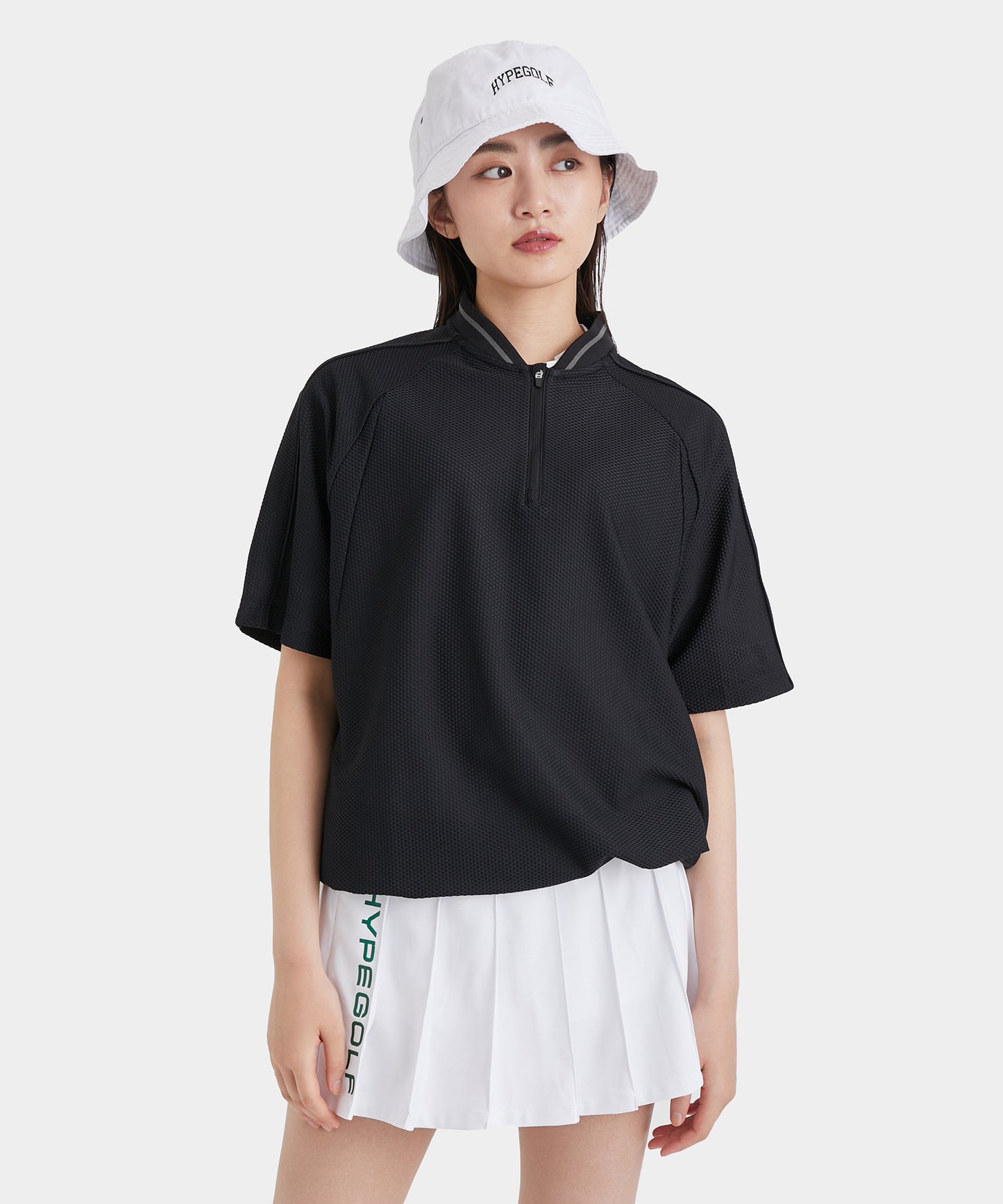 MESH TRICOT  HALF ZIP SHIRTS BLACK