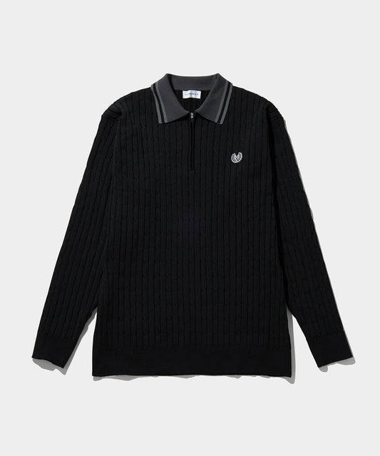 CABLE KNIT HALF ZIP SHIRTS BLACK